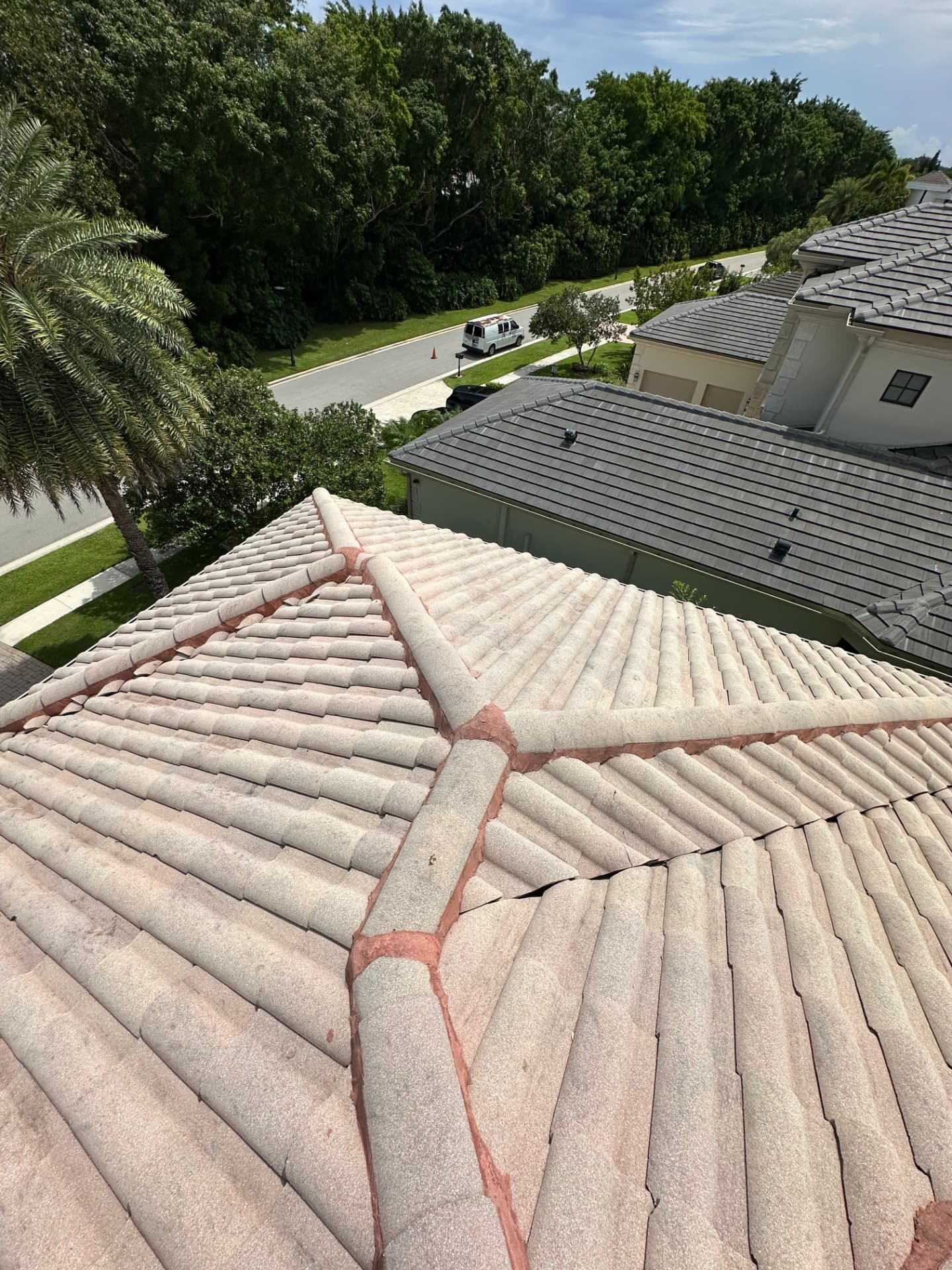 Tile roof ridge and hip detail viewed from above