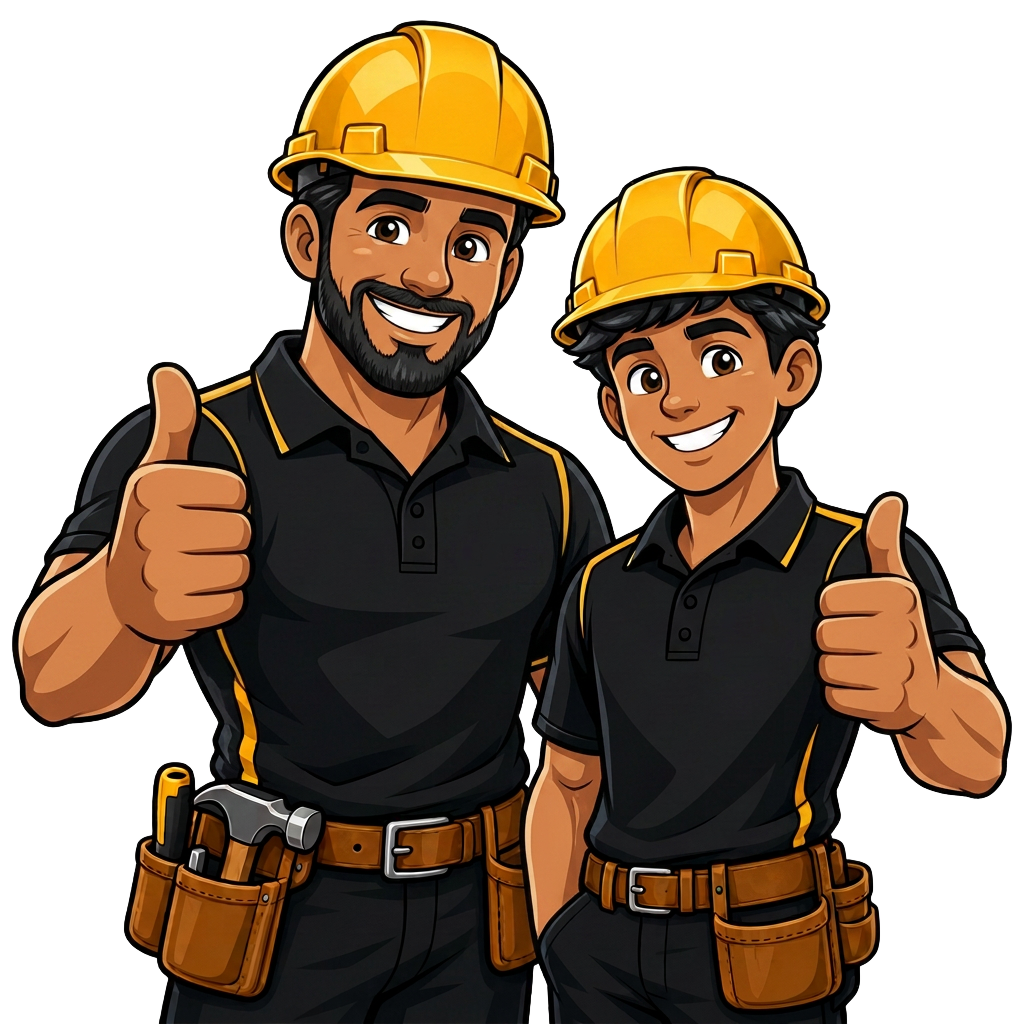Cartoon father and son roofers giving a thumbs up